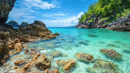 Fototapeta premium Serene Secluded Beach Cove: Turquoise Waters and Rocky Cliffs Paradisiacal Escape