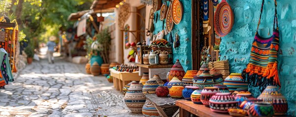 A street vendor selling handmade crafts from a colorful market stall, showcasing unique and artisanal items.