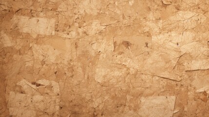 A detailed close-up of a textured brown paper background exhibiting natural patterns and a variety of layered and overlapping paper fibers, ideal for design uses.