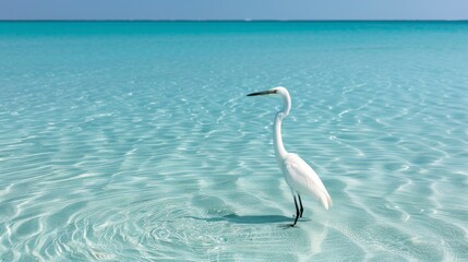 A lone white heron standing in crystal-clear turquoise waters on a sunny day. Nature, tranquility, and beauty captured in one serene moment.