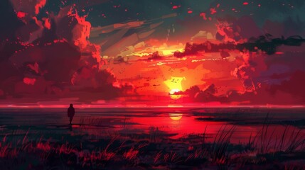 This atmospheric image depicts a solitary figure walking along a crimson shore at dusk, surrounded by dramatic clouds and reflecting waters, imbuing a mood of solitude and reflection.