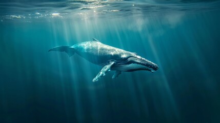 Fototapeta premium A mesmerizing underwater photo of a whale swimming gracefully with sunlight filtering through the ocean water, creating serene and peaceful ambiance.