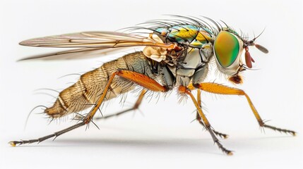 Fototapeta premium Macro photograph of a fly with iridescent green eyes, a hairy body, and translucent wings showcases the intricate details of the insect's anatomy, The fly's body is a mix of gold, orange, and brown, 