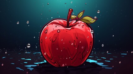 A digital illustration of a single red apple with water droplets on a dark background, blending elements of realism with artistic interpretation and vibrant color.