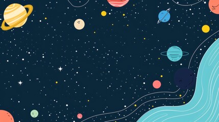 Vector flat space design background featuring small elements including stars, planets, asteroids, and nebulae on a deep blue galactic backdrop - perfect for sci-fi themes, outer space adventures, and 