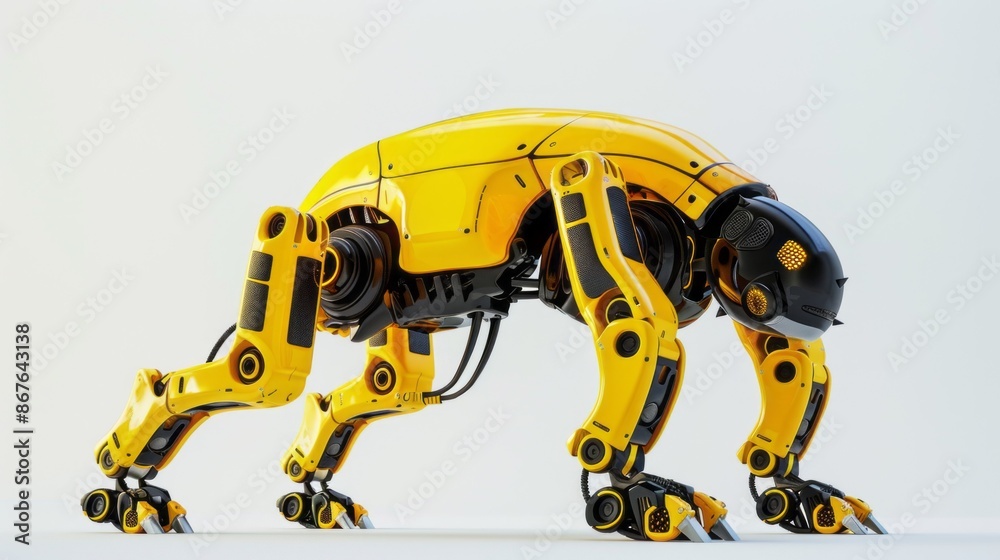 Poster a yellow robotic dog with a black head and black accents stands on a white background. the robot dog