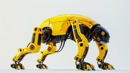 A yellow robotic dog with a black head and black accents stands on a white background. The robot dog is in a crouched position, ready to move