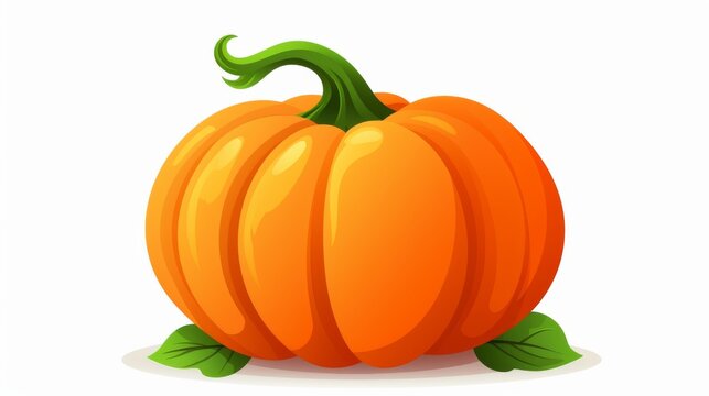 This digital image presents a stylized orange pumpkin with a curled green stem and surrounding green leaves, ideal for seasonal and festive autumn-themed projects.