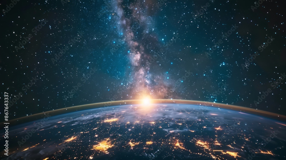 Wall mural spectacular view of stars and milky way galaxy above earth from outer space - cosmic landscape with 