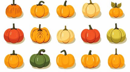 A visually appealing display of pumpkins in various vibrant colors, including oranges, greens, and whites, placed on a stark white background for contrast.
