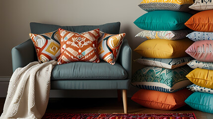 Create an illustration of a cozy reading nook filled with a bunch of colorful, patterned pillows