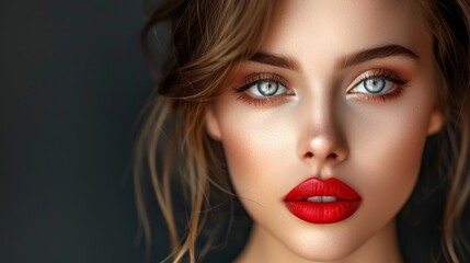 Fototapeta premium Portrait of a woman with flawless makeup, emphasizing beauty, her smooth skin, and striking lips, showcasing fashion and elegance.