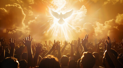 People raising their hands worshiping the Holy Spirit flying over the crowd of believers