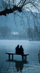 Couple Enjoying Peaceful Moment on Misty Lake Pier