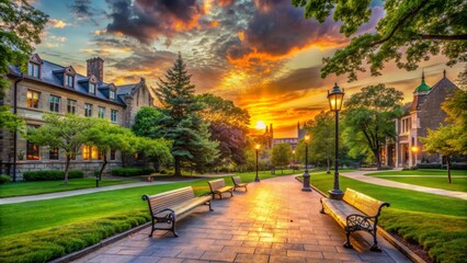Naklejka premium Vibrant sunset illuminates empty university campus with historic building and lush greenery, deserted pathways and empty benches awaiting celebration.