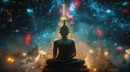 Buddha with aura ((thai Art))background is Extravagant,fireworks display,illuminating night sky,long-exposure photography