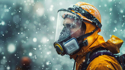 Professional construction worker wearing a high-grade dust mask, surrounded by floating particles of glass wool dust in a construction site