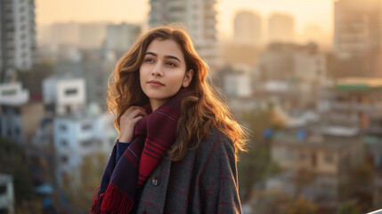 Fototapeta premium Lifestyle shot of a modern Indian woman in urban attire, showcasing her confidence and style against a city backdrop with copy space