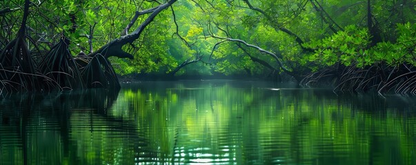 Fototapeta premium A tranquil mangrove forest teeming with life, with tangled roots and vibrant green foliage reflected in calm waters.