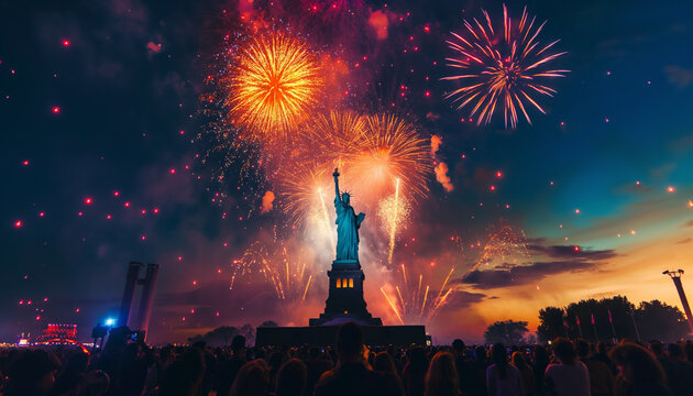 Celebration fireworks exploding behind the statue of Liberty. New year and 4th July celebrations