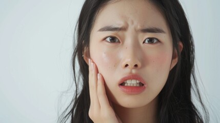 Fototapeta premium Close-up of young Asian woman with long dark hair, showing pain from a toothache. Hand on cheek, mouth slightly open in a grimace