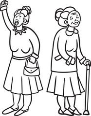 Kind and angry grandmothers line drawing characters isolated on white background.