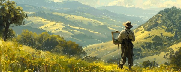 An artist painting en plein air in a serene countryside, capturing the play of light and shadow on rolling hills.