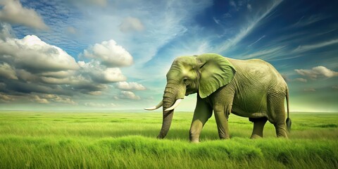Fototapeta premium Green elephant walking in the wild grass field, elephant, wild, green, grass, field, nature, walking, big, wildlife