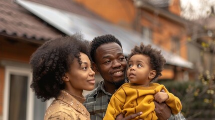 Young African American Family Enjoying a Warm Autumn Day Outside Their Home. Generative ai