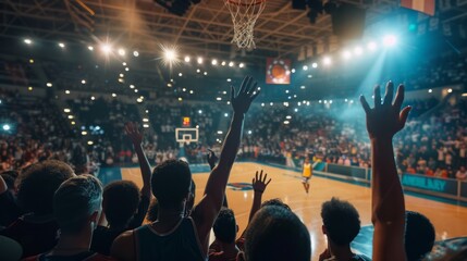 A captivated crowd of basketball fans cheers on their team from the stands