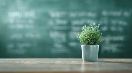 Close-up of a small potted plant on a wooden table with a blurred chalkboard background in a classroom setting.
