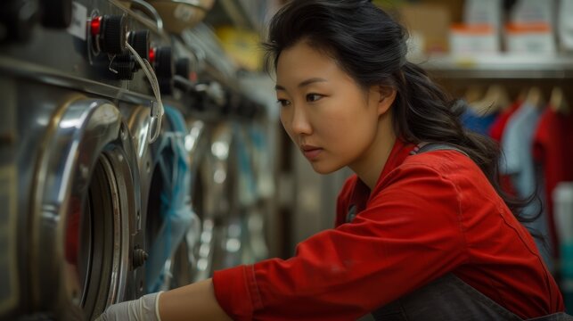 Young Asian Woman Loading Laundry at Public Laundromat. Generative ai