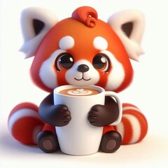 Naklejka premium cute red panda hug coffee cup cartoon 3d Generative AI