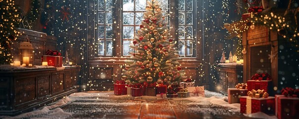 Obraz premium A photorealistic image of a festive Christmas scene with a decorated tree, presents under the tree, and snow falling outside.