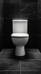 White toilet against black tiled wall in modern bathroom