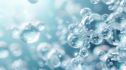 Close-up of water bubbles floating in a soft blue background, creating an abstract and refreshing visual effect.