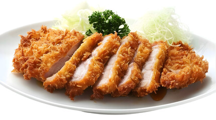  A realistic plate of crispy pork tonkatsu, golden-brown breading glistening, sliced and arranged neatly on a transparent background 