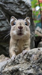 A gerbil stands alert on a forest path, its small body poised and ready.
