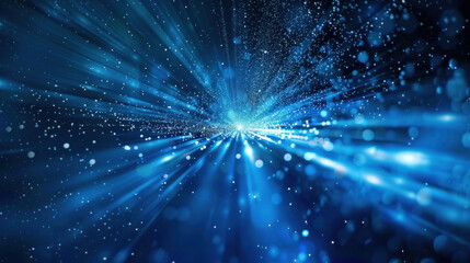 Fototapeta premium Futuristic 3D backdrop with sparkling particles glowing in space. The particles create lines and shapes, resembling a microscopic world or outer space. Blue background version.