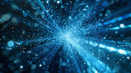Futuristic 3D backdrop with sparkling particles glowing in space. The particles create lines and shapes, resembling a microscopic world or outer space. Blue background version.