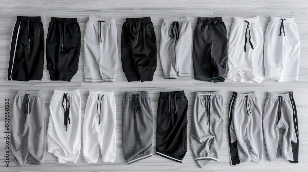 Wall mural Grey and black sports shorts in various designs for men. Casual men's shorts in a variety of styles. Minimalistic clothing concept on a white and black background.