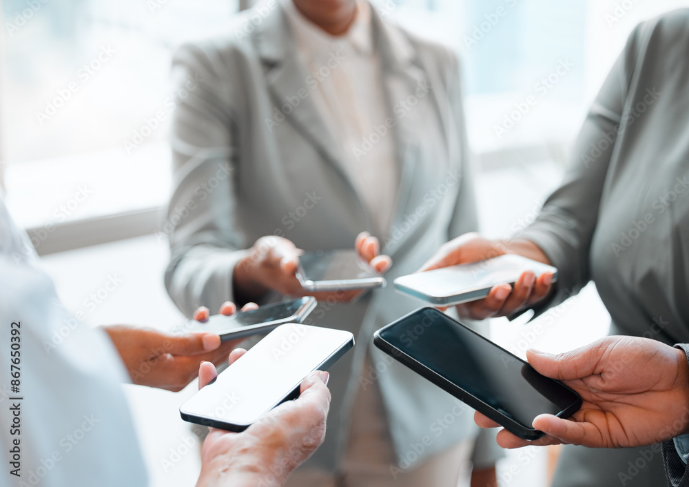 Poster Connectivity, hands and phone with business people in huddle at office for communication or networking. Contact, data sharing and information with employee team in workplace for mobile cloud storage
