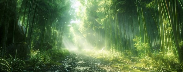 Fototapeta premium A tranquil bamboo grove with sunlight filtering through the dense canopy, casting a warm glow on the forest floor.