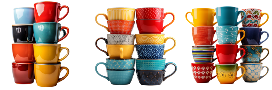 set of a stack of colorful coffee mugs in various designs on transparent background