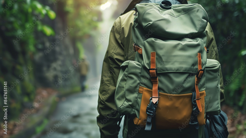 Wall mural Person carrying a green backpack in a forest trail - Wall murals