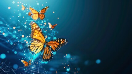 An innovative representation of digital business transformation, symbolized by the lifecycle evolution of a butterfly in a dynamic blue background, suggesting renewal and metamorphosis