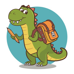 Fototapeta premium A dinosaur carrying a pencil in hand and a school bag on his back 