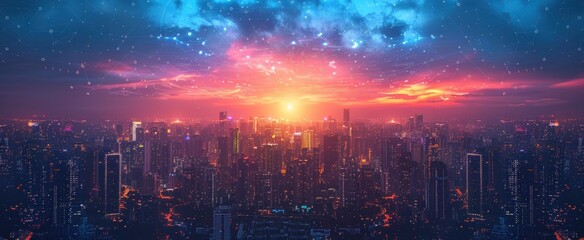 Obraz premium Cityscape at Sunset with Digital Network Overlay