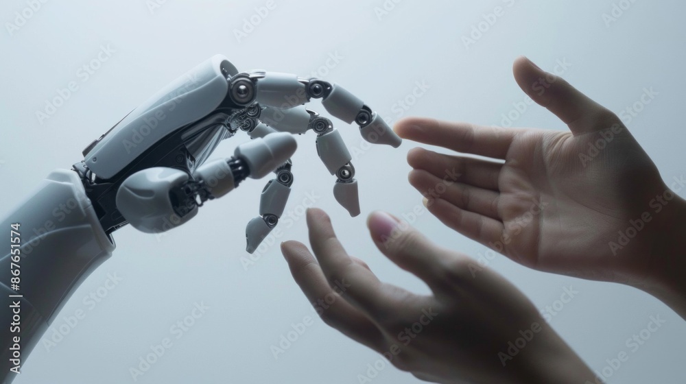 Aufkleber a robotic hand, crafted with intricate detail, extends towards a human hand in a symbolic gesture of