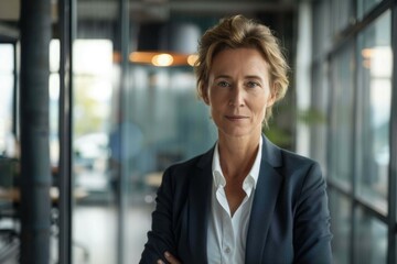 Fototapeta premium Portrait of a professional woman in a suit standing in a modern office. Mature business woman looking at the camera in a workplace meeting area.